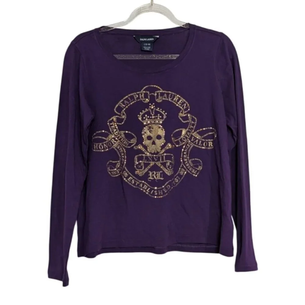 NEW Ralph Lauren Skull Crown T Shirt Girls Size Large Purple Bedazzled Cotton